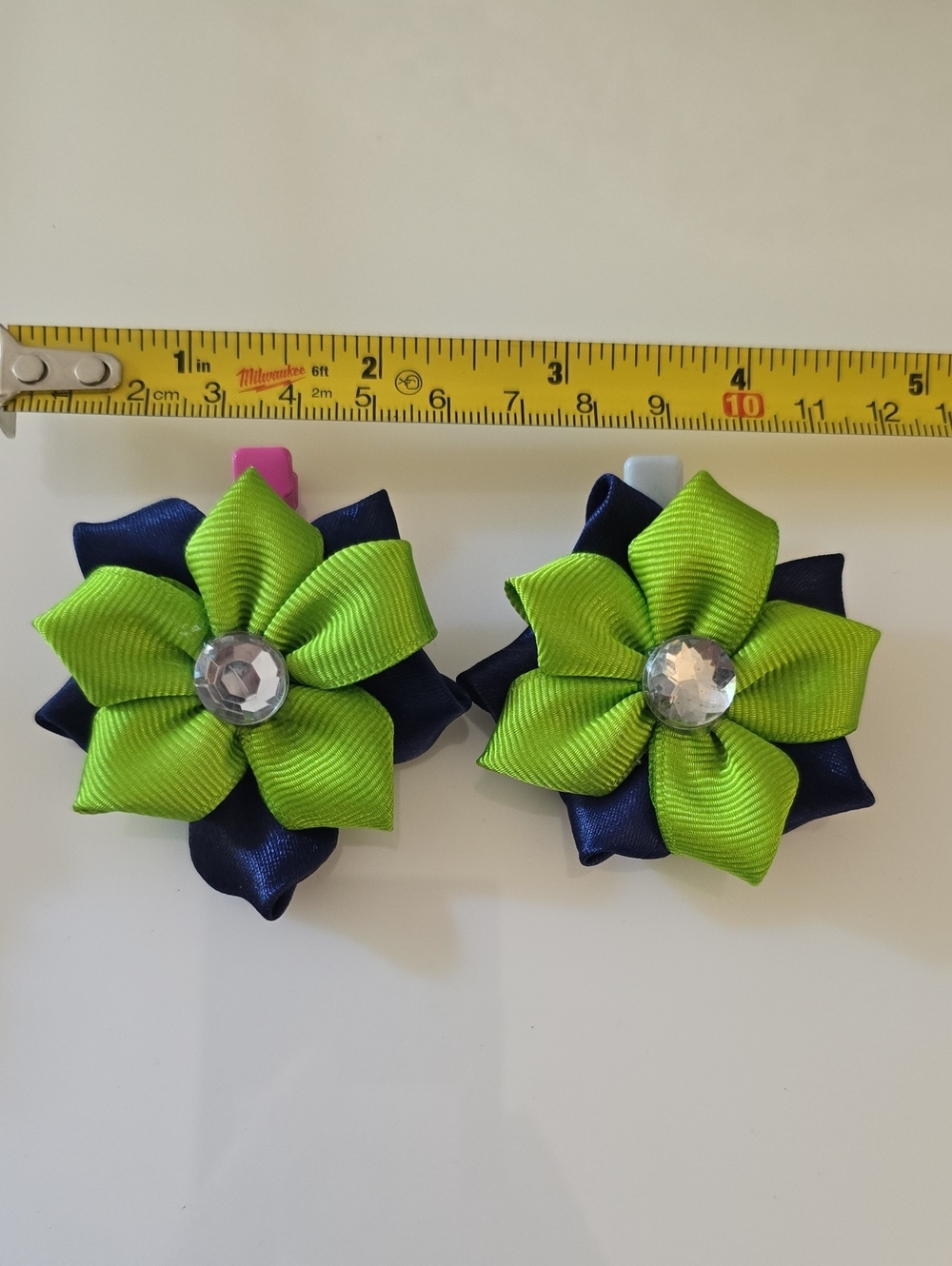 Green and Navy Flower Hair Clips with Rhinestone Center
